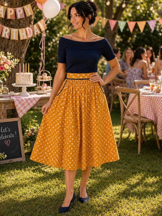 Tulip B Dresses & Skirts - NWT Vintage-Inspired Mustard Polka Dot Midi Skirt Navy Trim Pockets Lined